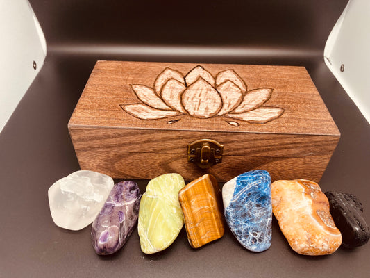 Chakra stones in wood box
